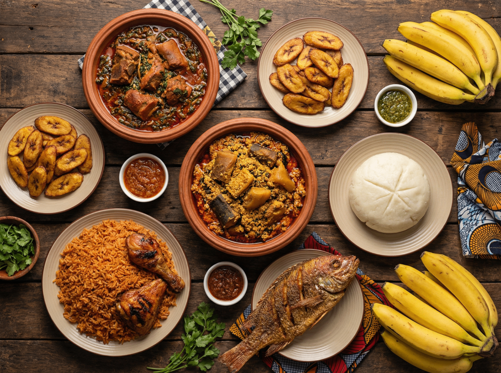 A colorful spread of West African dishes